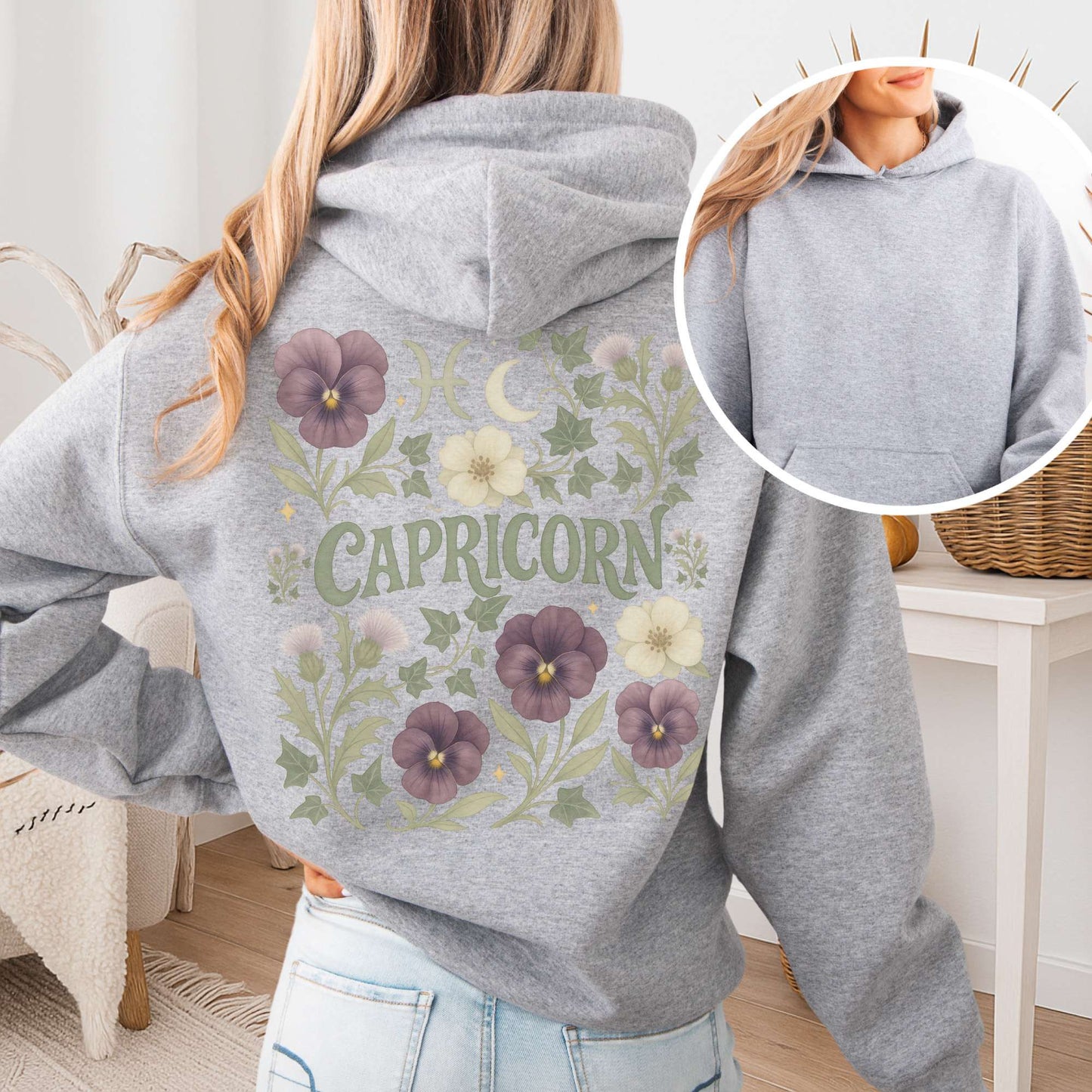 Hoodie Sport Grey / S Capricorn Hoodie – Retro Floral Zodiac Sweatshirt The Mystic Eden