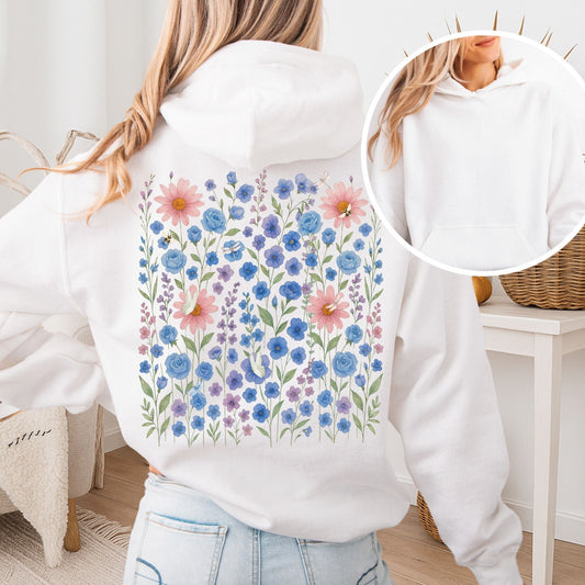 Hoodie White / S Blue Wildflower Hoodie – Soft Cottagecore Garden Tee The Mystic Eden