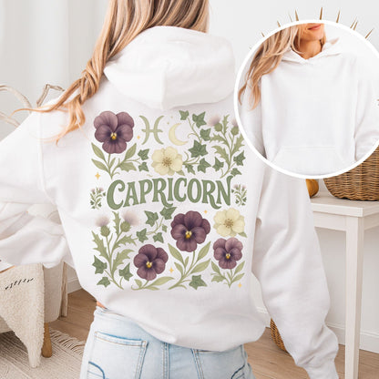 Hoodie White / S Capricorn Hoodie – Retro Floral Zodiac Sweatshirt The Mystic Eden