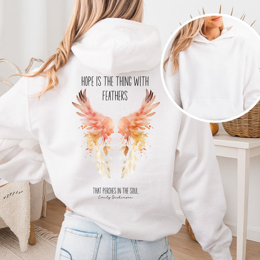 Hoodie White / S Hope is the Thing With Feathers Hoodie Emily Dickinson – Literary Wings Tee The Mystic Eden
