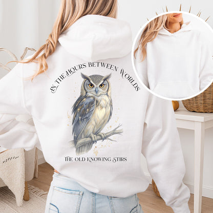 Hoodie White / S The Old Knowing Stirs Mystical Owl Hoodie The Mystic Eden