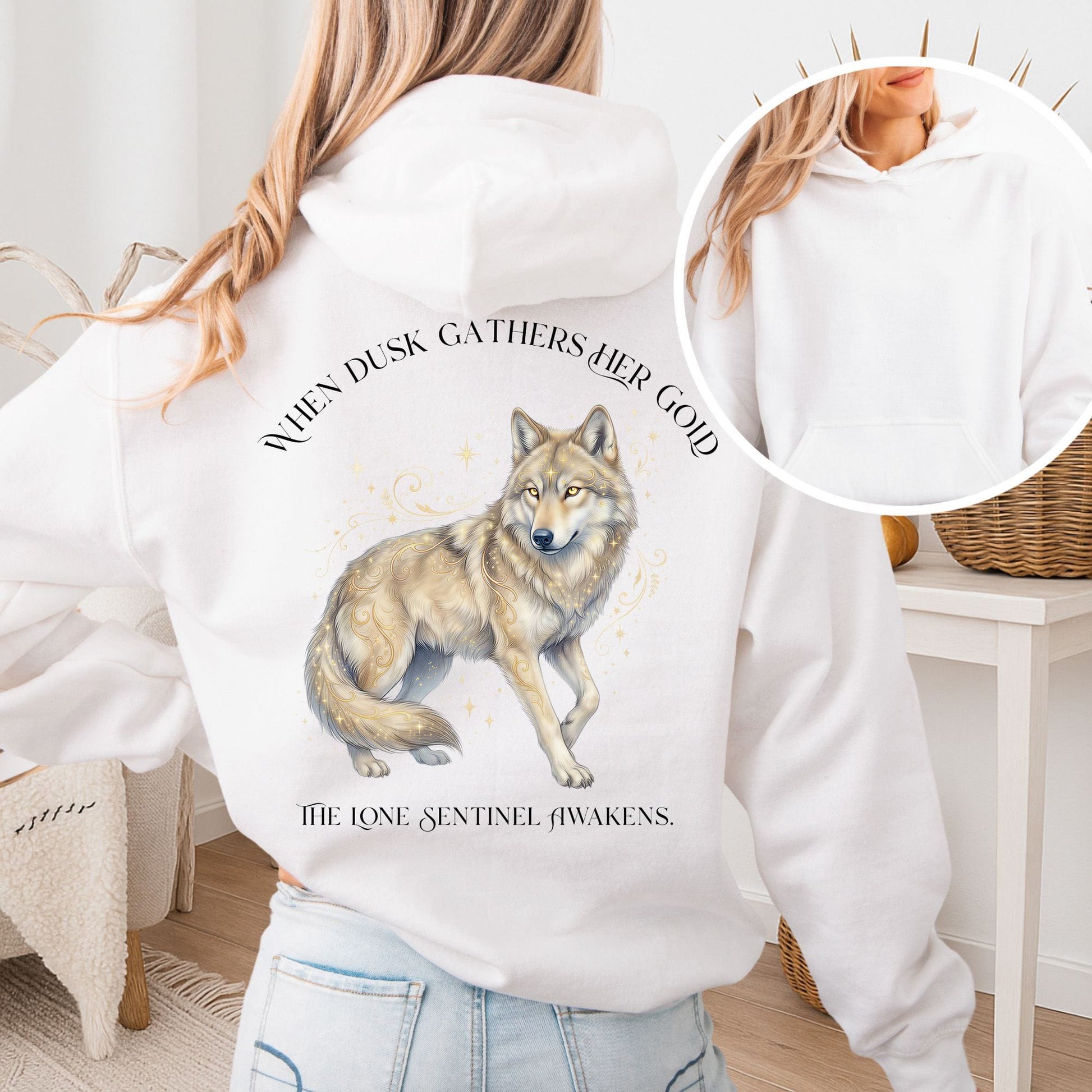 Hoodie White / S When Dusk Gathers Her Gold Mystical Wolf Hooded Sweatshirt The Mystic Eden