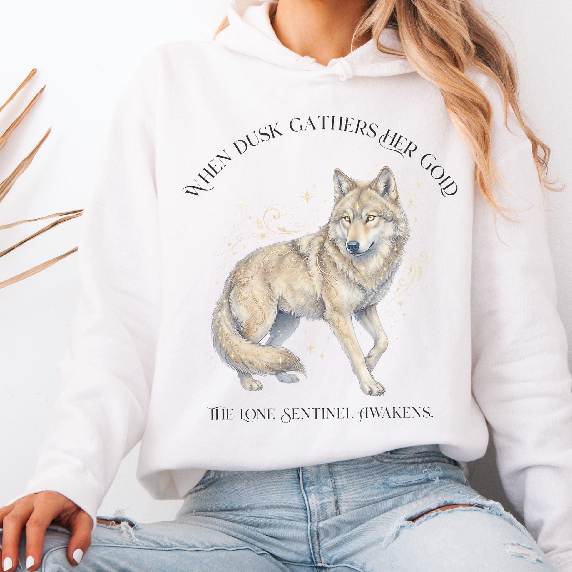 Hoodie White / S When Dusk Gathers Her Gold Mystical Wolf Hoodie The Mystic Eden