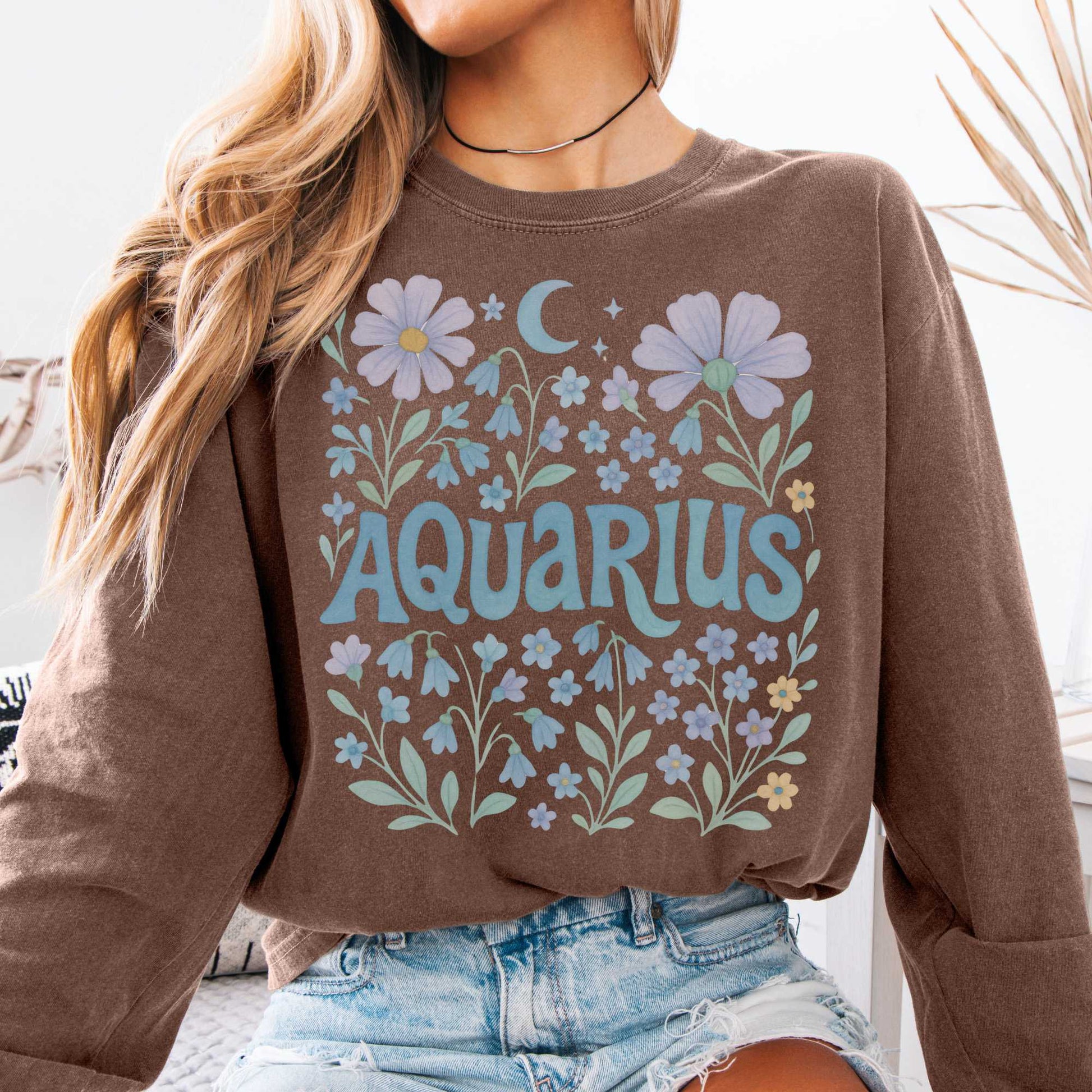 Long-sleeve Aquarius Long Sleeve Shirt – Zodiac Retro Floral Tee The Mystic Eden