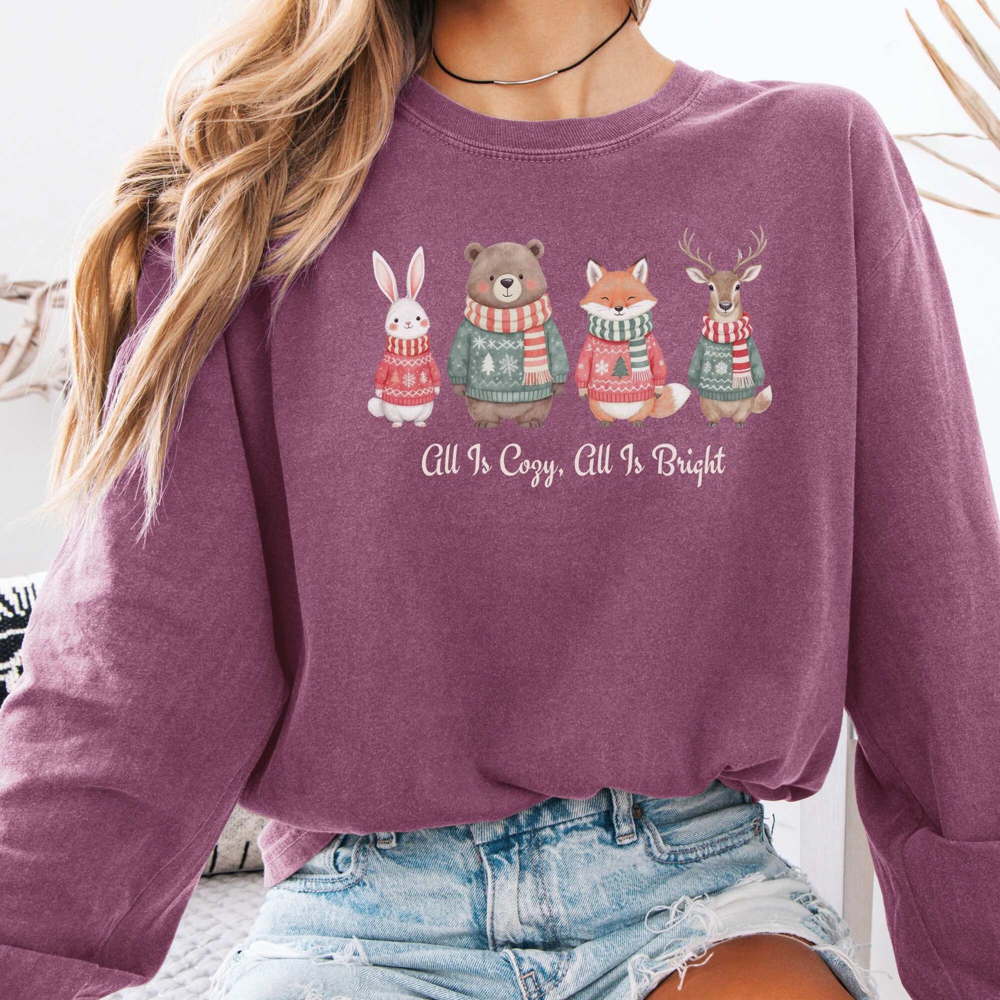 Long-sleeve Berry / S All Is Cozy, All is Bright Woodland Christmas Long Sleeve Shirt The Mystic Eden