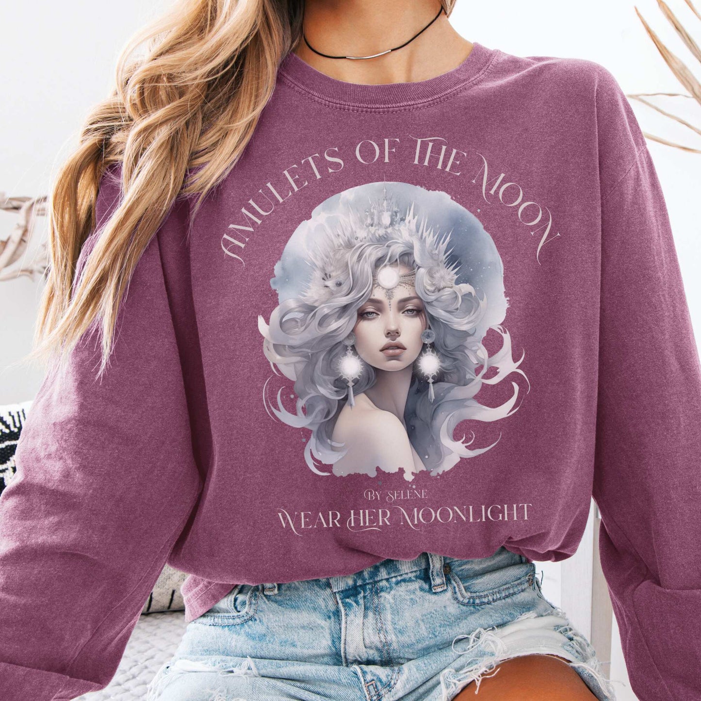 Long-sleeve Berry / S Amulets of the Moon By Selene Goddess Long Sleeve T-Shirt The Mystic Eden