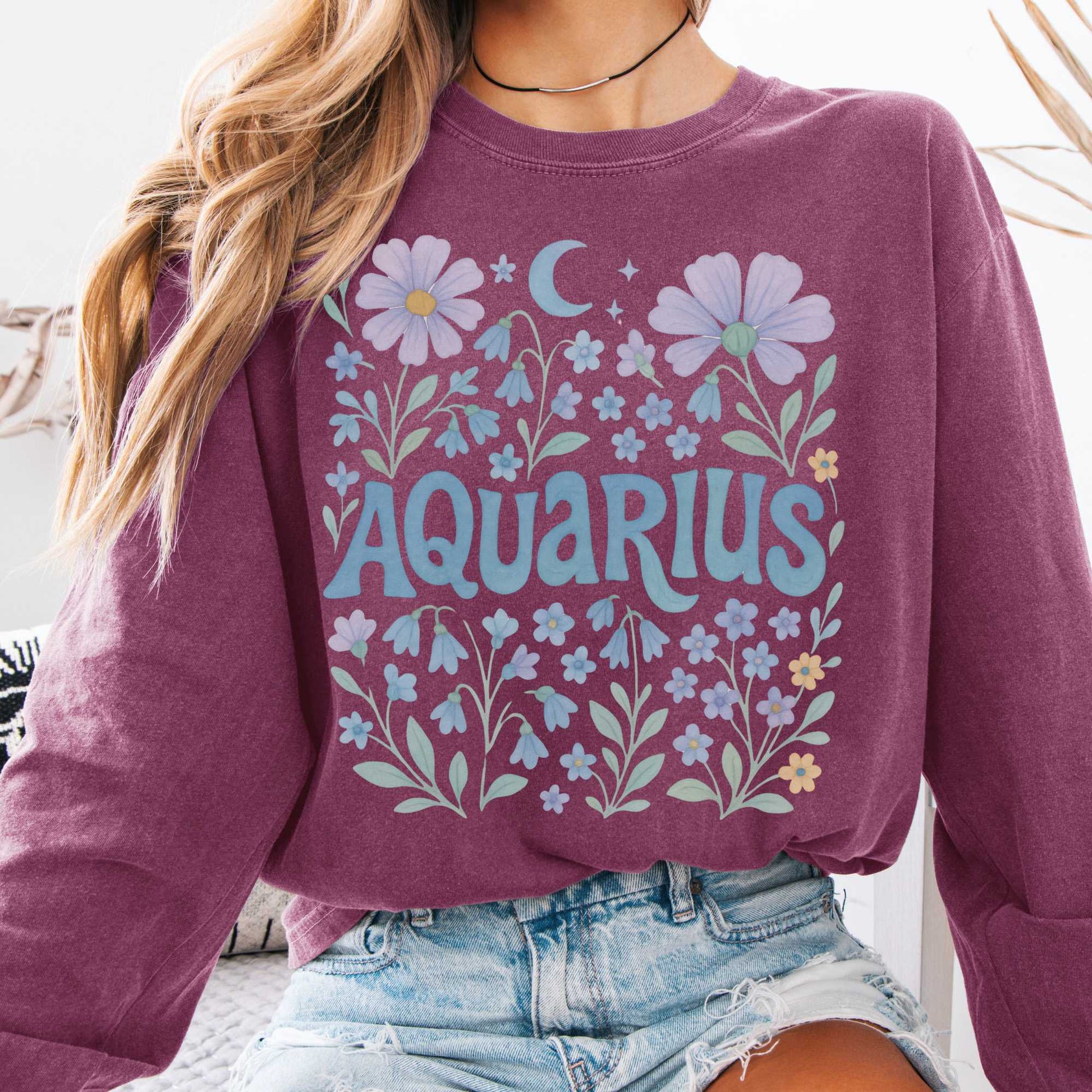 Long-sleeve Berry / S Aquarius Long Sleeve Shirt – Zodiac Retro Floral Tee The Mystic Eden