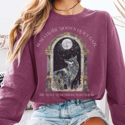 Long-sleeve Berry / S Beneath The Moon The Wolf Remembers Who She Is Long Sleeve Tee The Mystic Eden