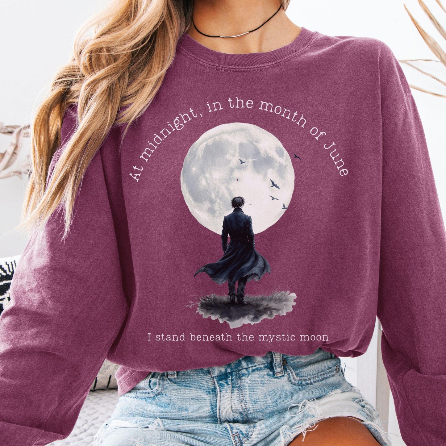 Long-sleeve Berry / S Beneath the Mystic Moon Edgar Allan Poe Long Sleeve Tee The Mystic Eden