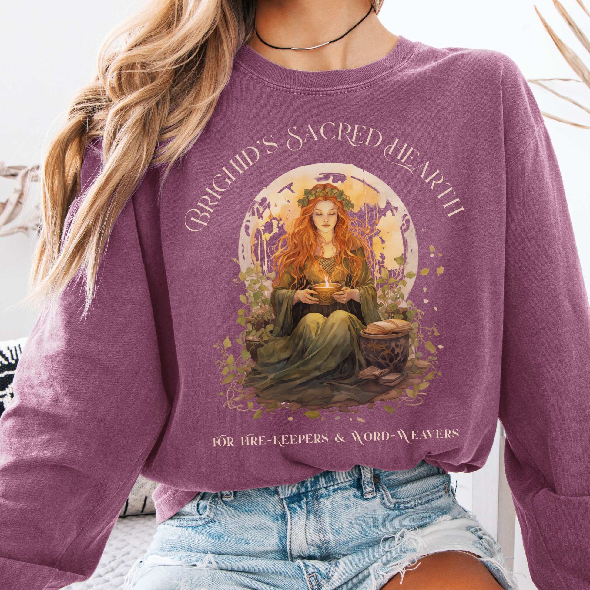 Long-sleeve Berry / S Brighid's Sacred Hearth Goddess Long Sleeve T-Shirt The Mystic Eden