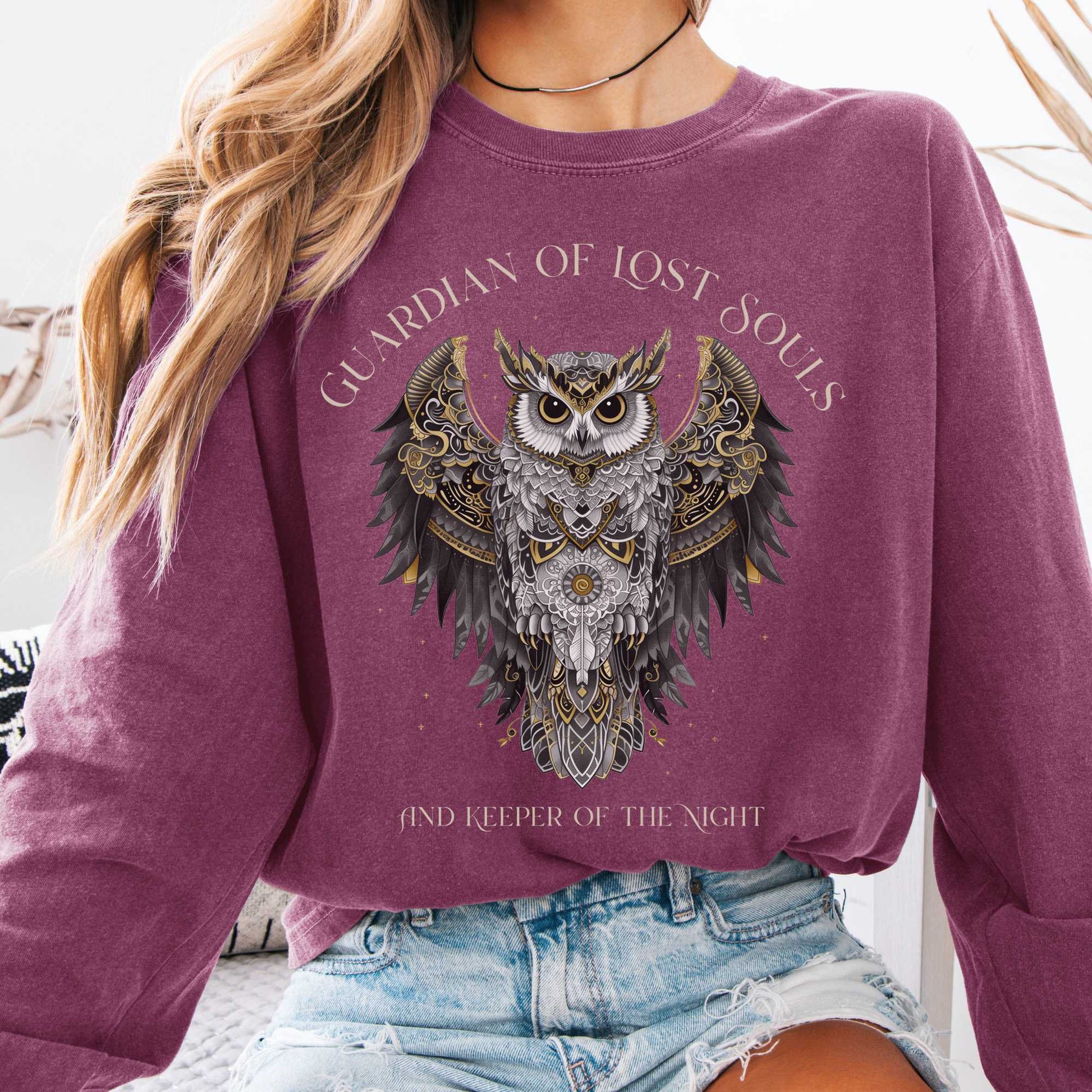 Long-sleeve Berry / S Guardian of Lost Souls Mythic Owl Long Sleeve Tee The Mystic Eden