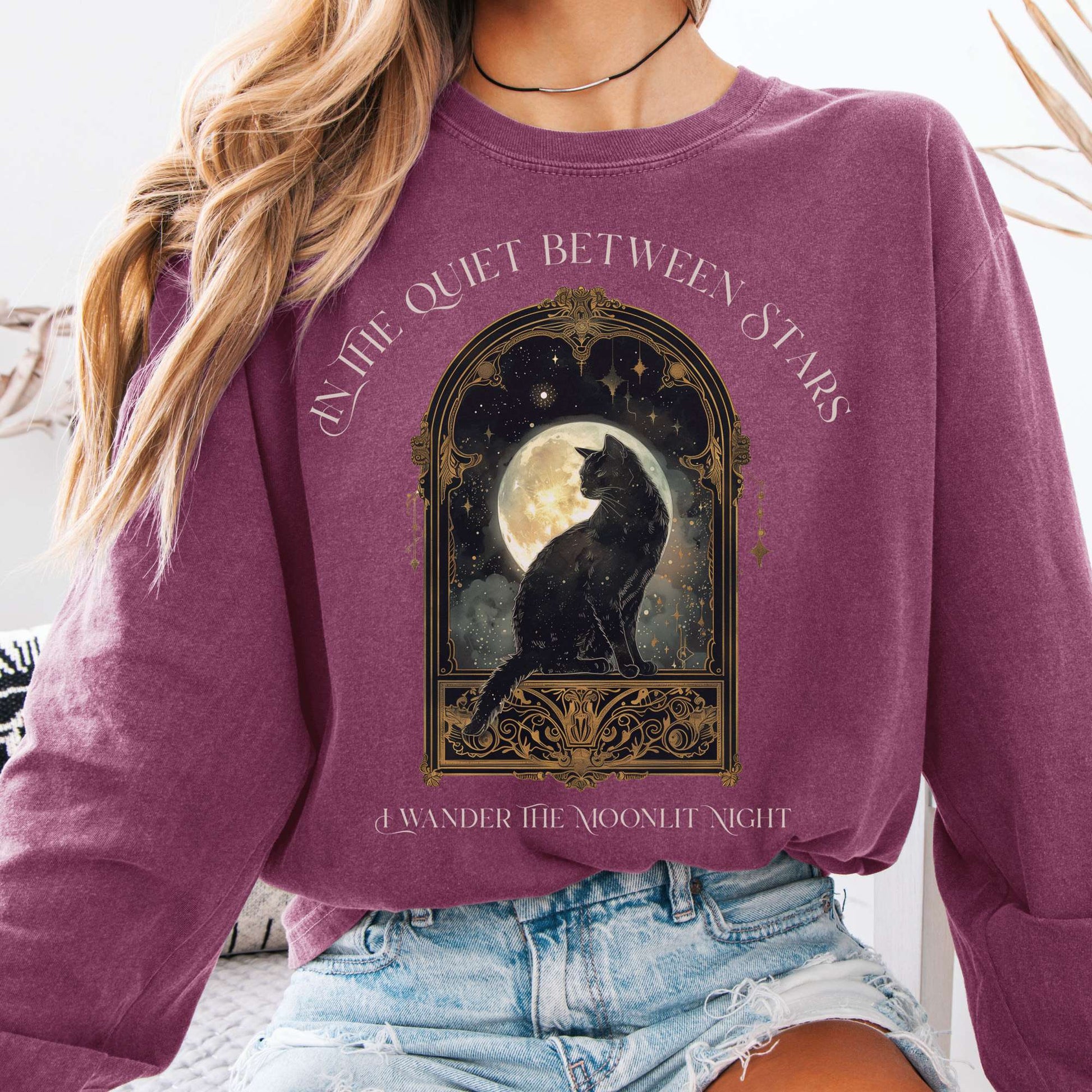 Long-sleeve Berry / S In the Quiet Between Stars Moonlit Cat Long Sleeve Tee The Mystic Eden