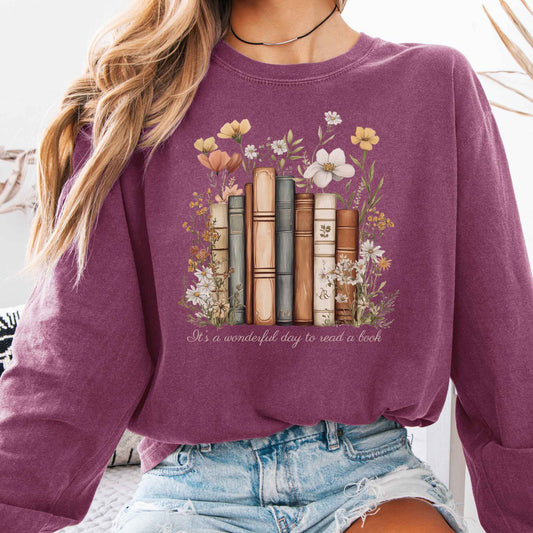 Long-sleeve Berry / S It's a Wonderful Day to Read a Book Long Sleeve Shirt The Mystic Eden