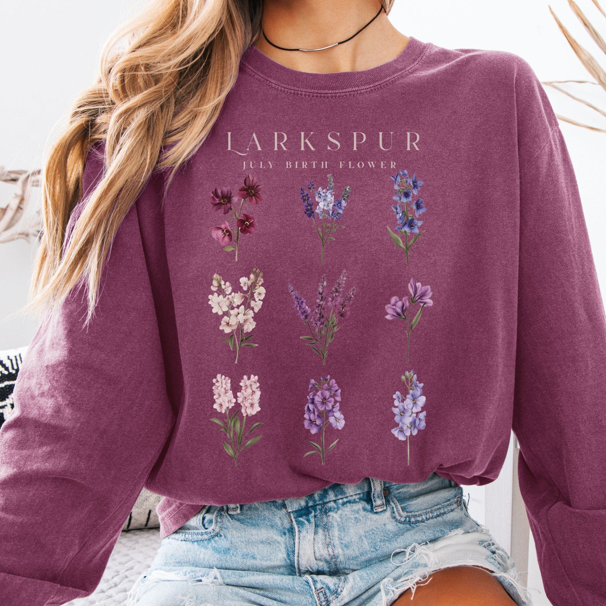 Long-sleeve Berry / S Larkspur July Birth Month Flower Long Sleeve Shirt The Mystic Eden