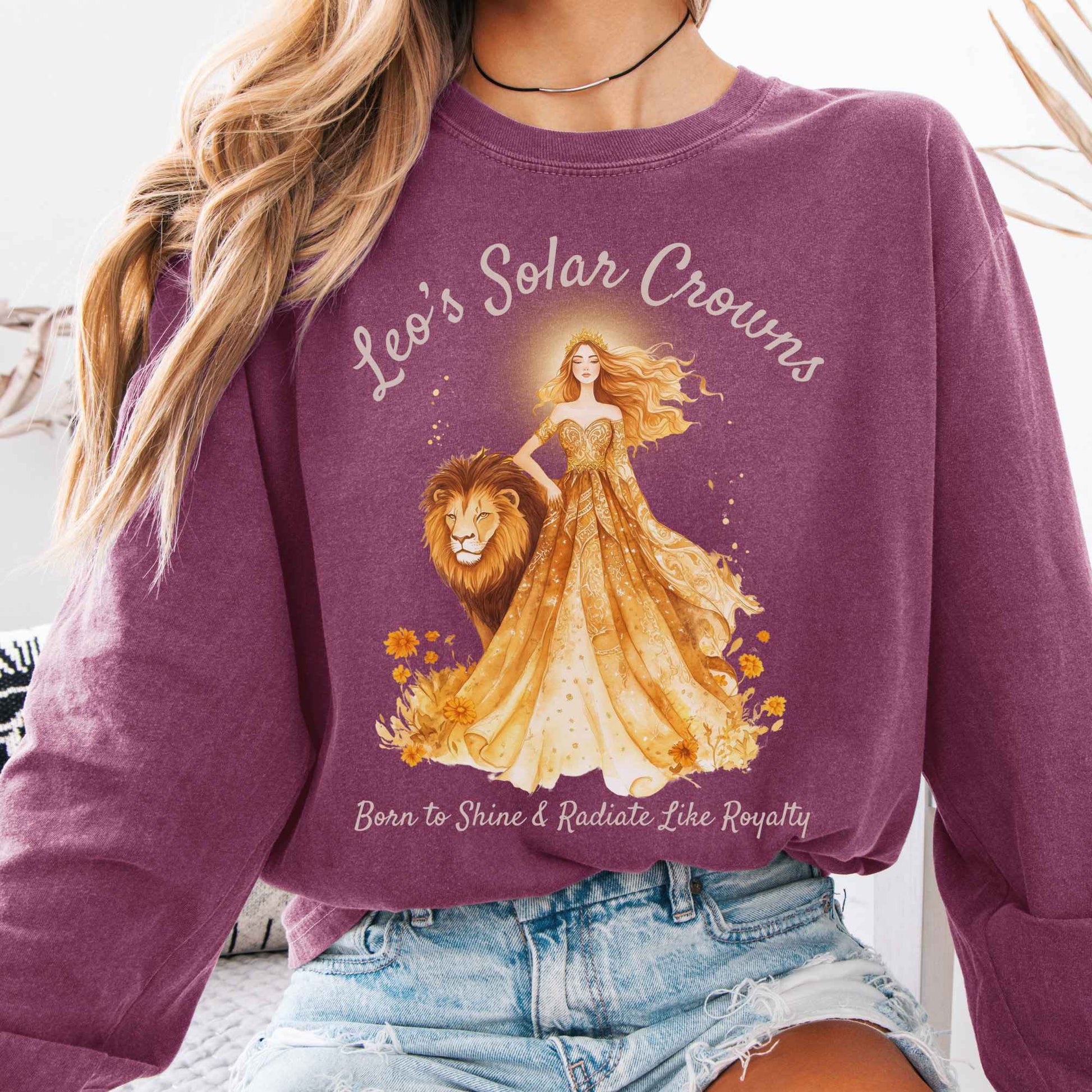 Long-sleeve Berry / S Leo's Solar Crowns Zodiac Long Sleeve Tee The Mystic Eden