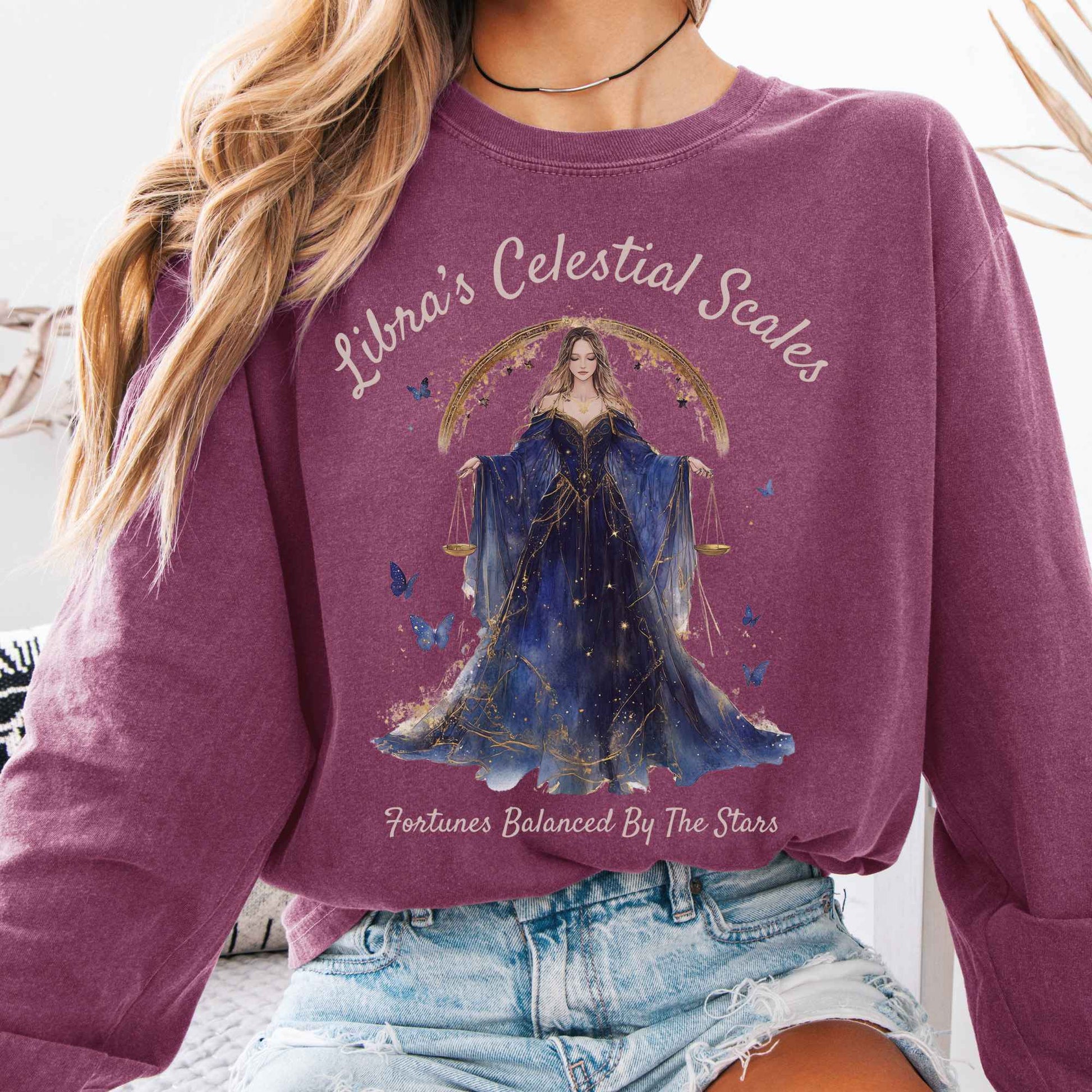 Long-sleeve Berry / S Libra's Celestial Scales Zodiac Long Sleeve Shirt The Mystic Eden