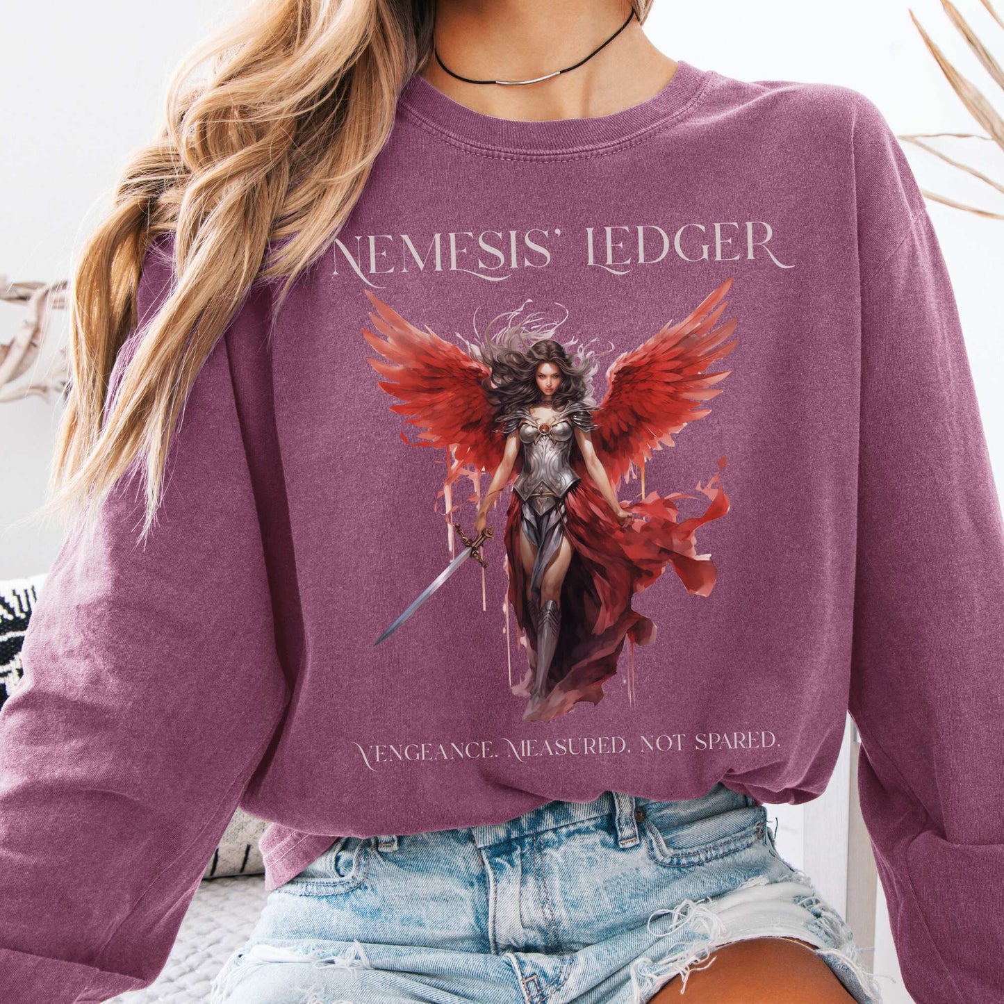 Long-sleeve Berry / S Nemesis' Ledger Goddess of Retribution  Long Sleeve T-Shirt The Mystic Eden