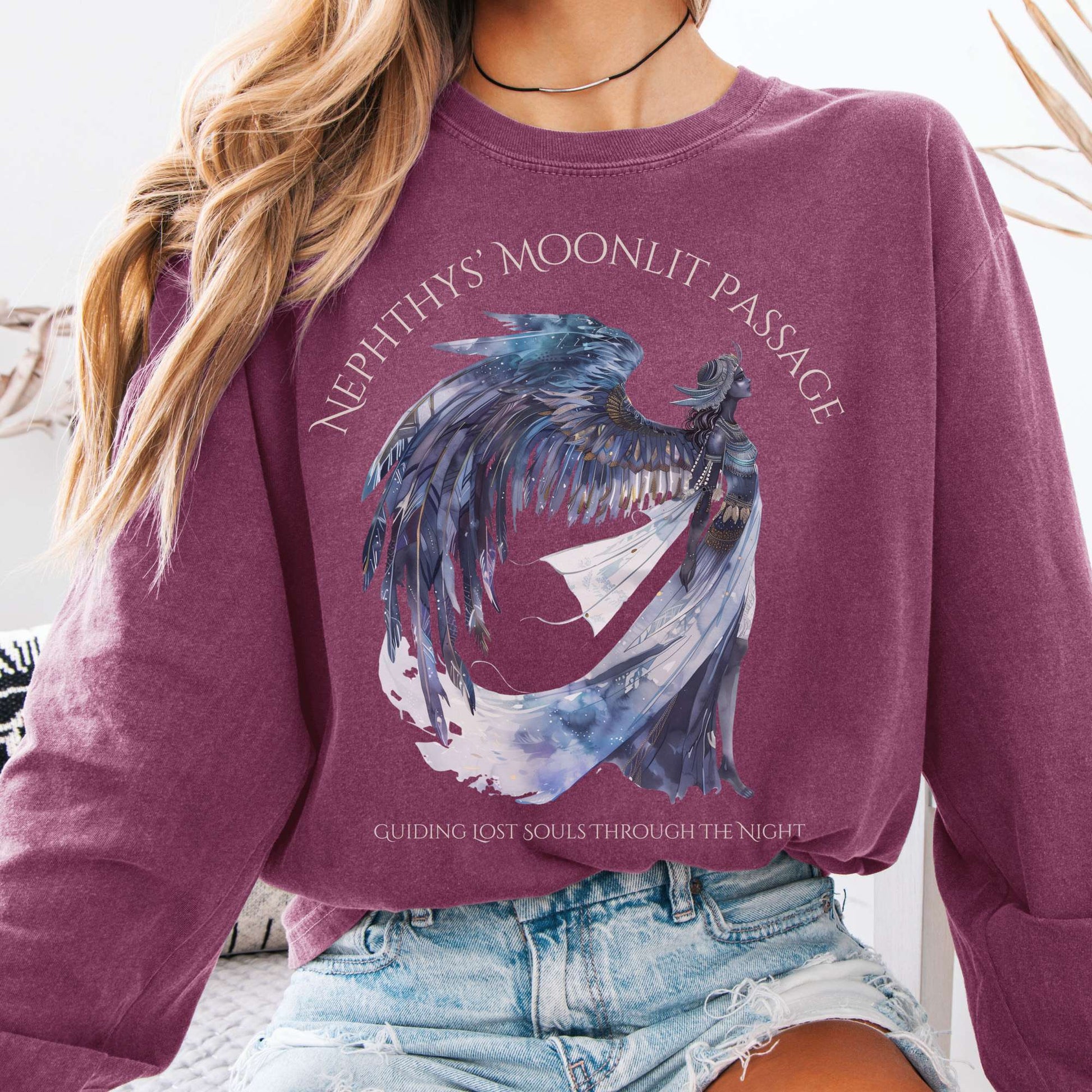Long-sleeve Berry / S Nephthys' Moonlit Passage Egyptian Mythology Long Sleeve Tee The Mystic Eden
