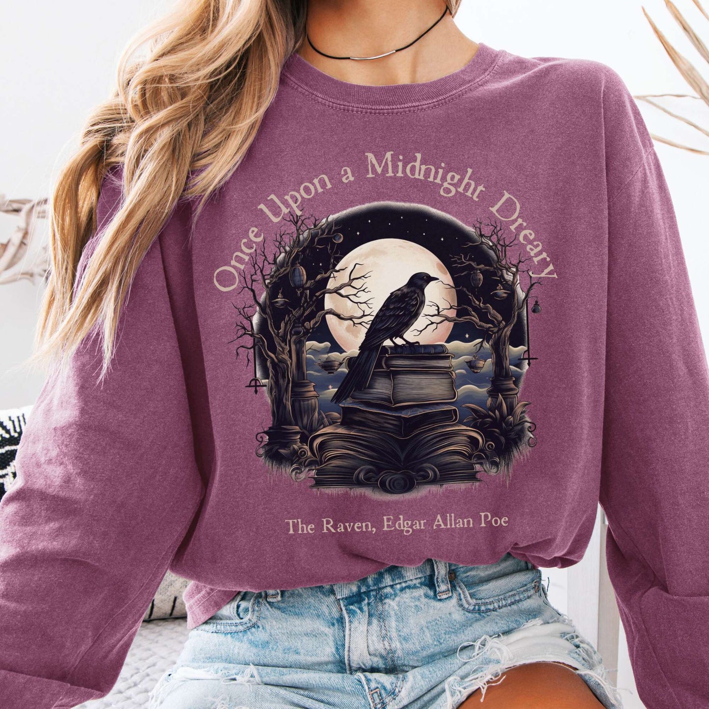 Long-sleeve Berry / S Once Upon a Midnight Dreary Edgar Allan Poe Long Sleeved Shirt The Mystic Eden