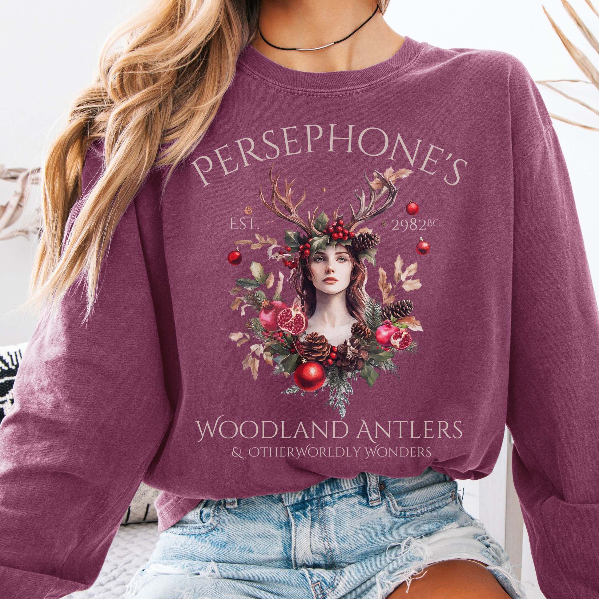 Long-sleeve Berry / S Persephone's Woodland Antlers Christmas Long Sleeve Tee The Mystic Eden