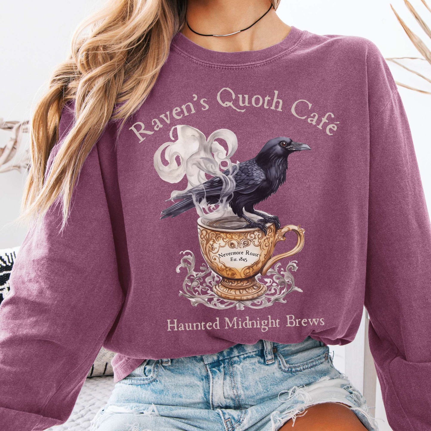 Long-sleeve Berry / S Raven's Quoth Cafe Long Sleeved Shirt The Mystic Eden