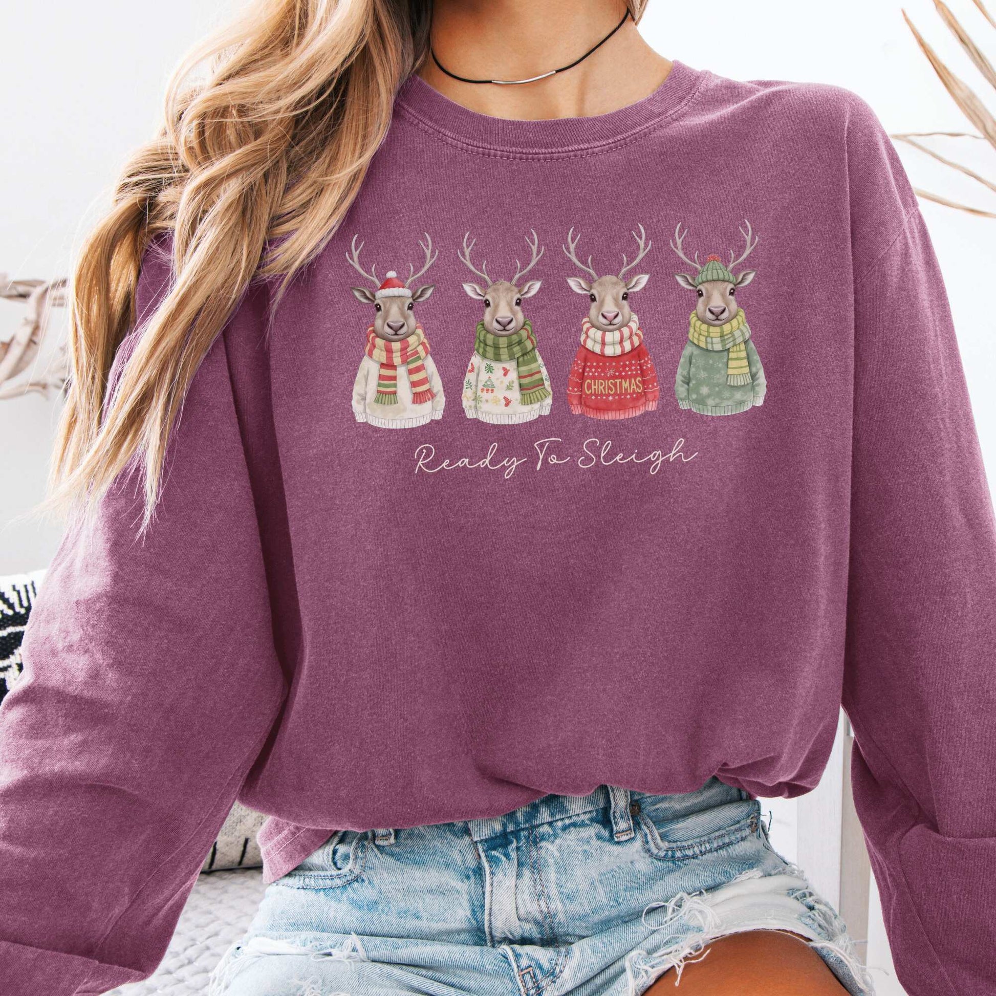 Long-sleeve Berry / S Ready to Sleigh — Festive Reindeer Christmas Long Sleeve Shirt The Mystic Eden