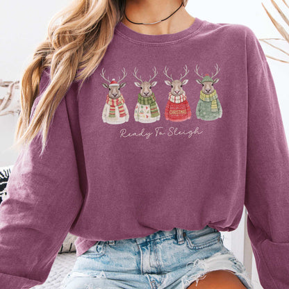 Long-sleeve Berry / S Ready to Sleigh — Festive Reindeer Christmas Long Sleeve Shirt The Mystic Eden