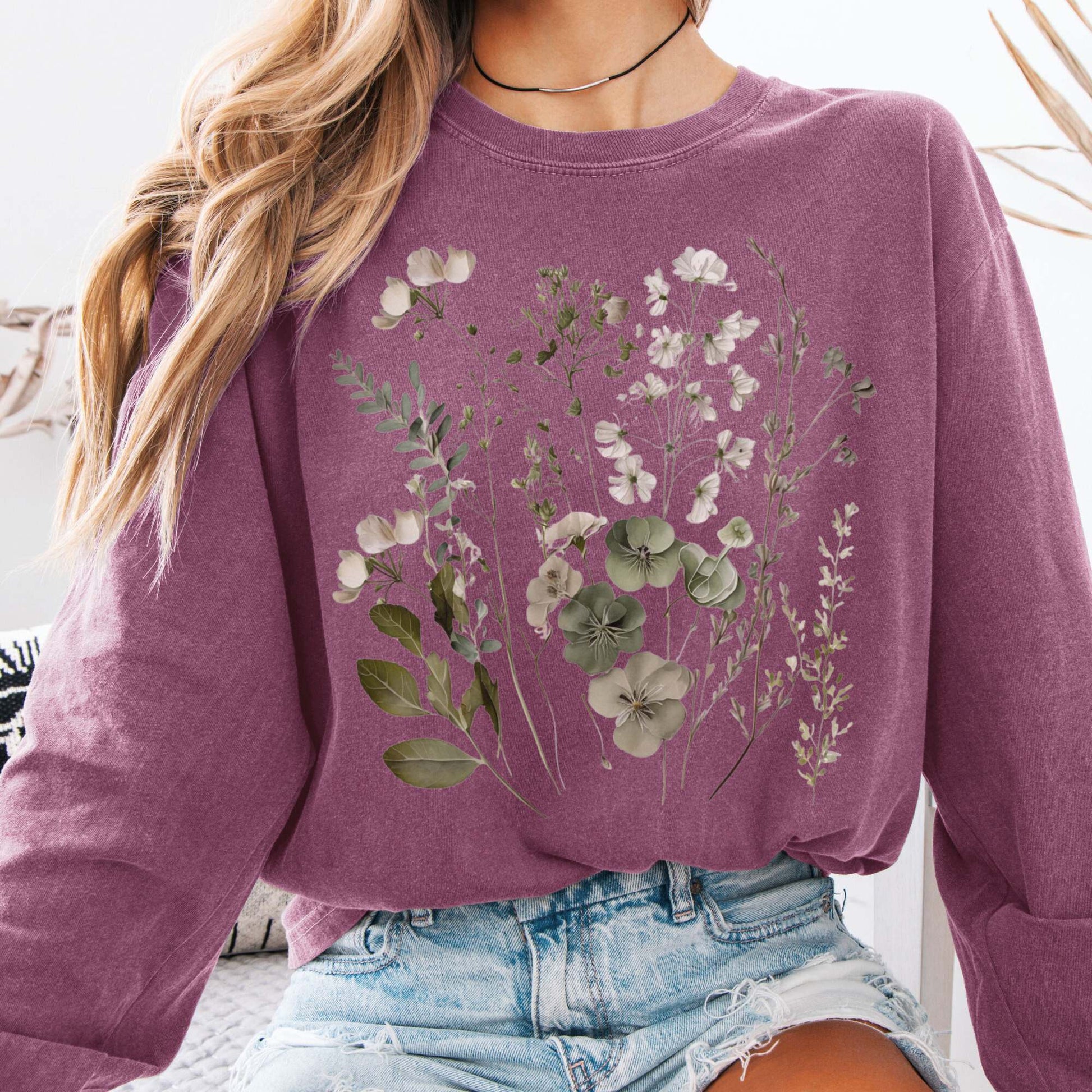Long-sleeve Berry / S Sage and White Wildflower Long Sleeve T-Shirt The Mystic Eden
