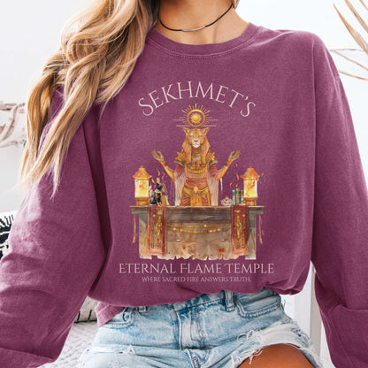 Long-sleeve Berry / S Sekhmet's Eternal Flame Temple Egyptian Mythology Long Sleeve Tee The Mystic Eden