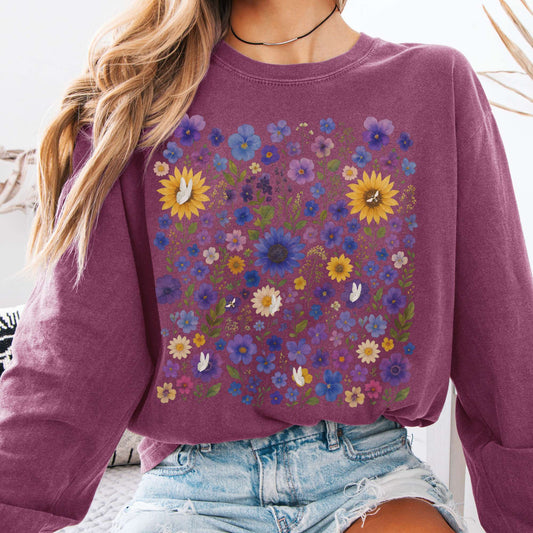 Long-sleeve Berry / S Sunflower Wildflowers Long Sleeve Shirt Cottagecore long sleeve tee The Mystic Eden