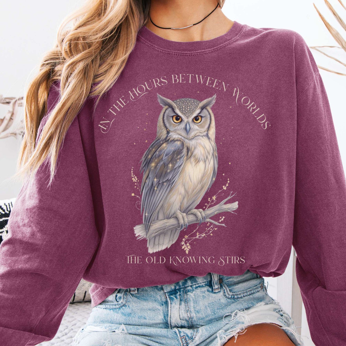 Long-sleeve Berry / S The Old Knowing Stirs Mystical Owl Long Sleeve Tee The Mystic Eden