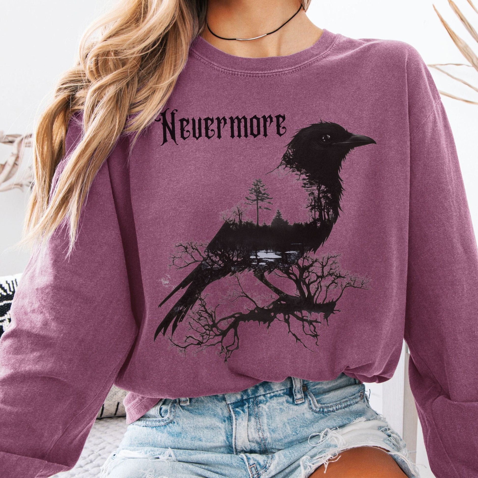 Long-sleeve Berry / S The Raven Nevermore Long Sleeved Shirt Edgar Allan Poe The Mystic Eden