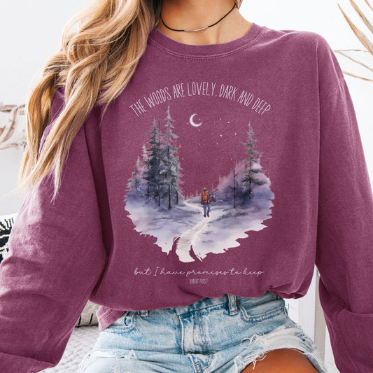 Long-sleeve Berry / S The Woods Are Lovely Dark And Deep Robert Frost Long Sleeve The Mystic Eden