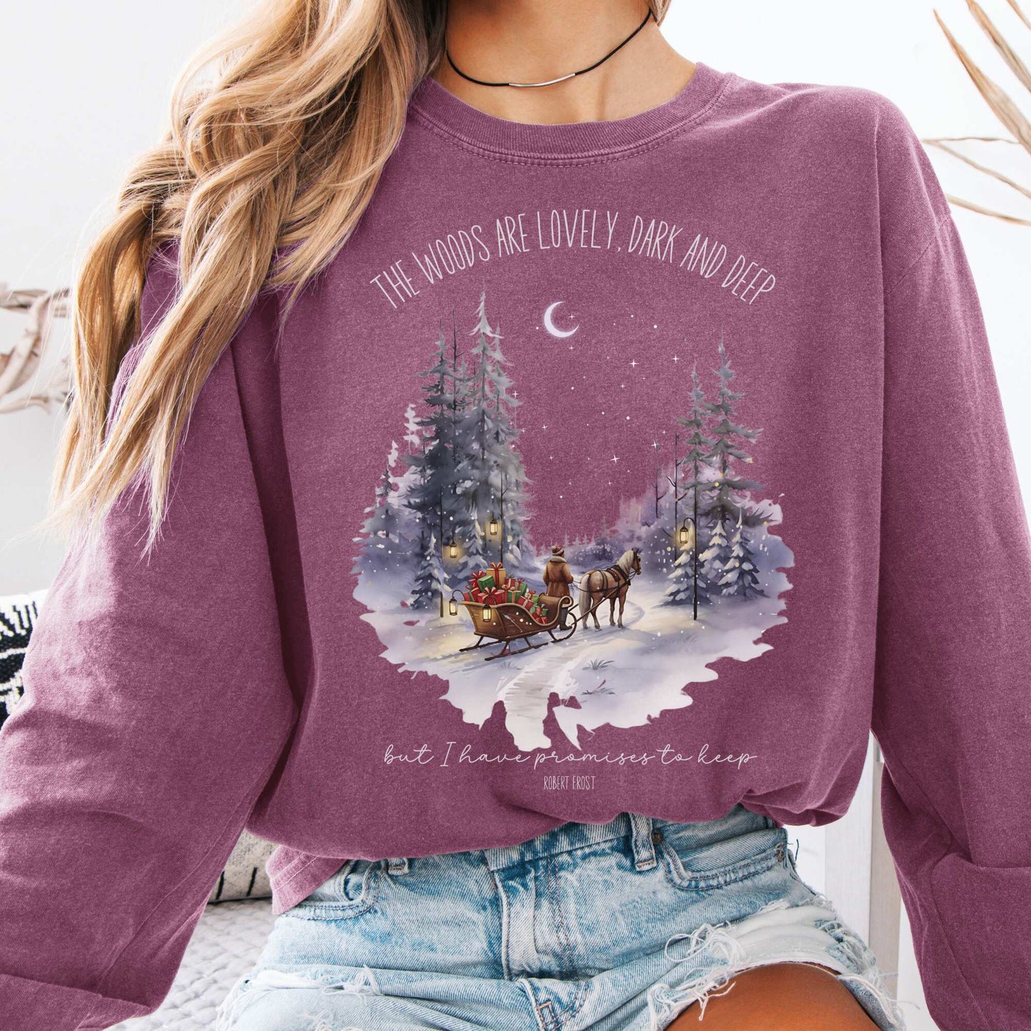 Long-sleeve Berry / S The Woods Are Lovely Robert Frost Christmas Edition Long Sleeve Shirt The Mystic Eden