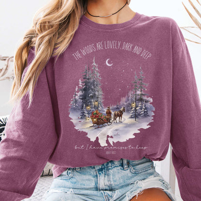 Long-sleeve Berry / S The Woods Are Lovely Robert Frost Christmas Edition Long Sleeve Shirt The Mystic Eden