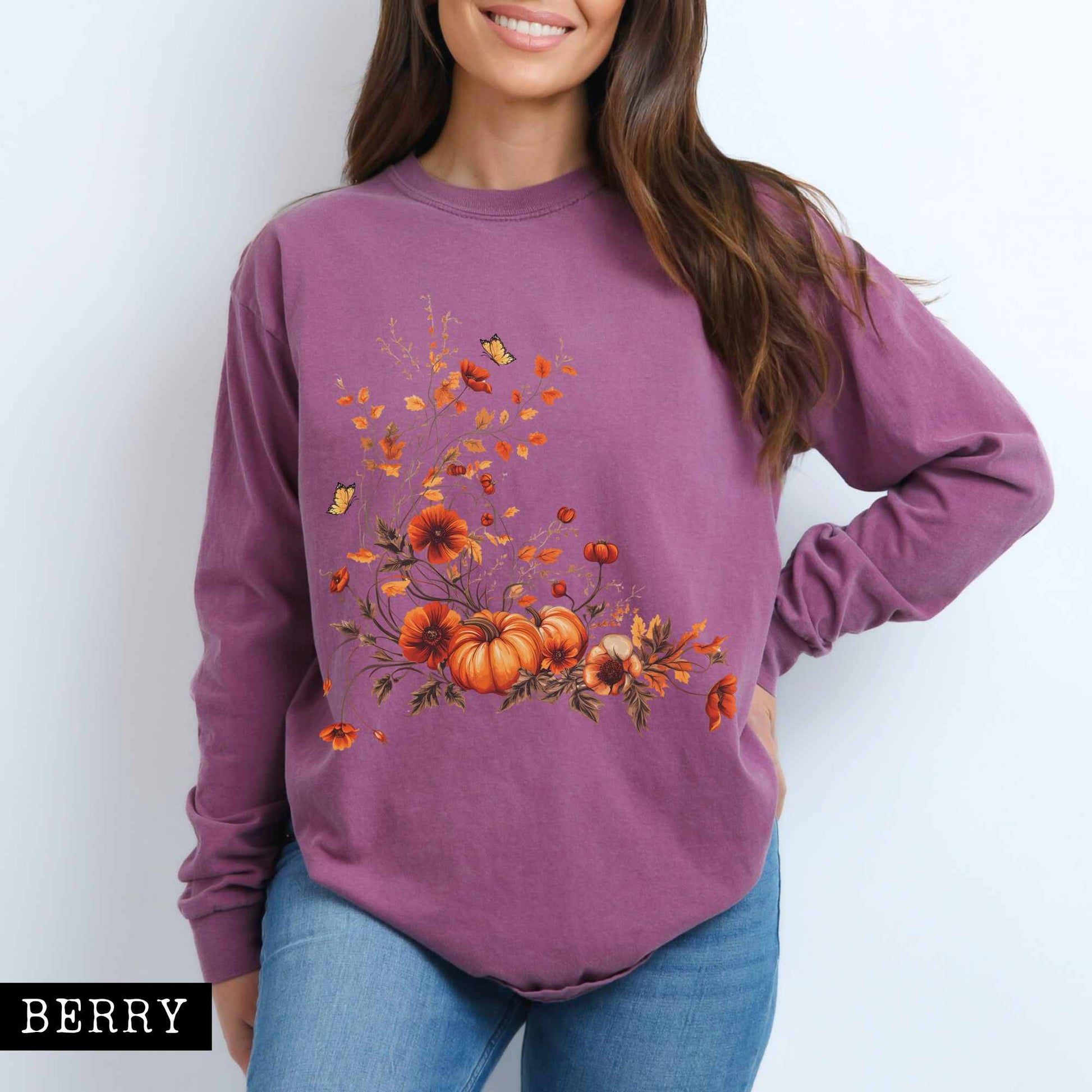 Long-sleeve Berry / S Vintage fall floral pumpkin long sleeve tee The Mystic Eden