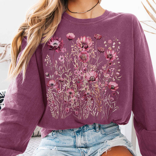 Long-sleeve Berry / S Wildflower Maroon Floral Long Sleeve Shirt Cottagecore The Mystic Eden