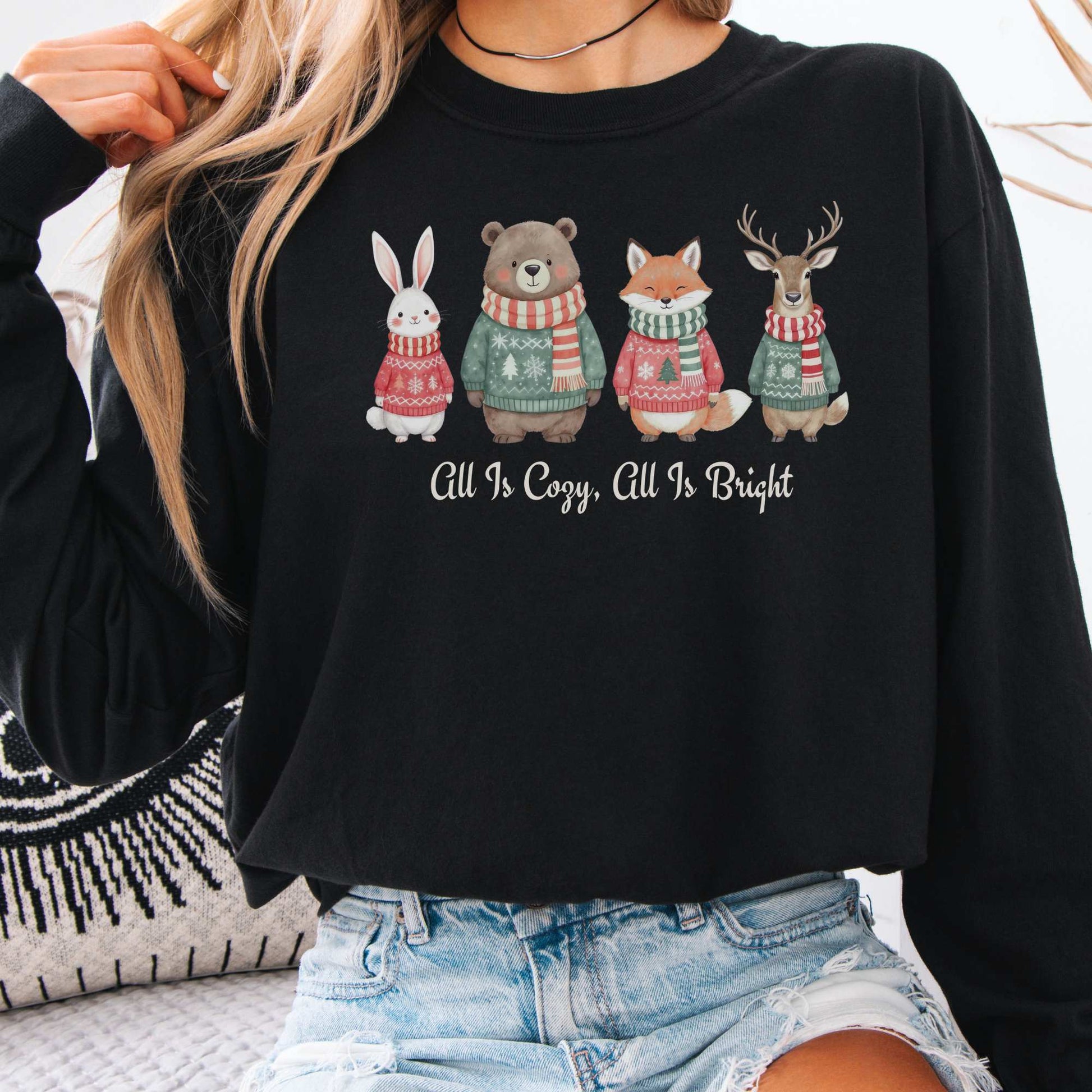 Long-sleeve Black / S All Is Cozy, All is Bright Woodland Christmas Long Sleeve Shirt The Mystic Eden