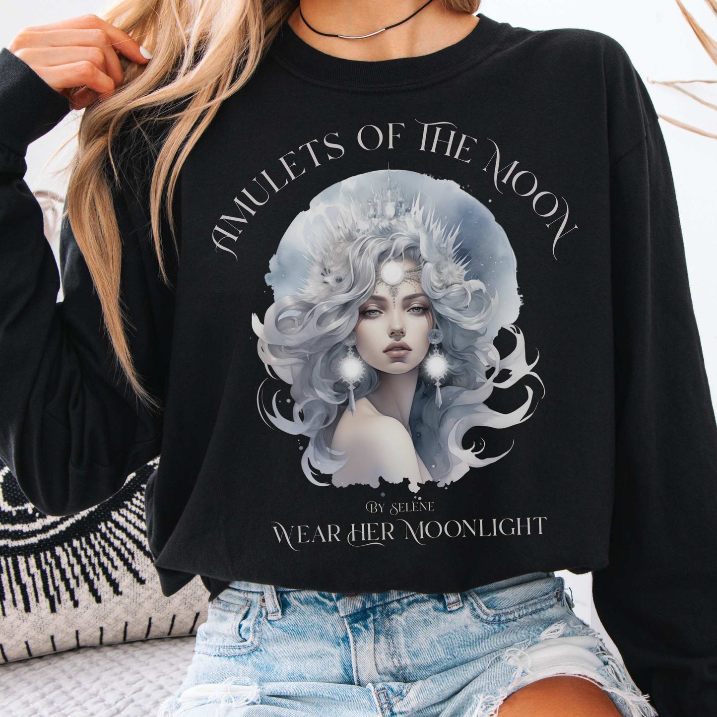 Long-sleeve Black / S Amulets of the Moon By Selene Goddess Long Sleeve T-Shirt The Mystic Eden