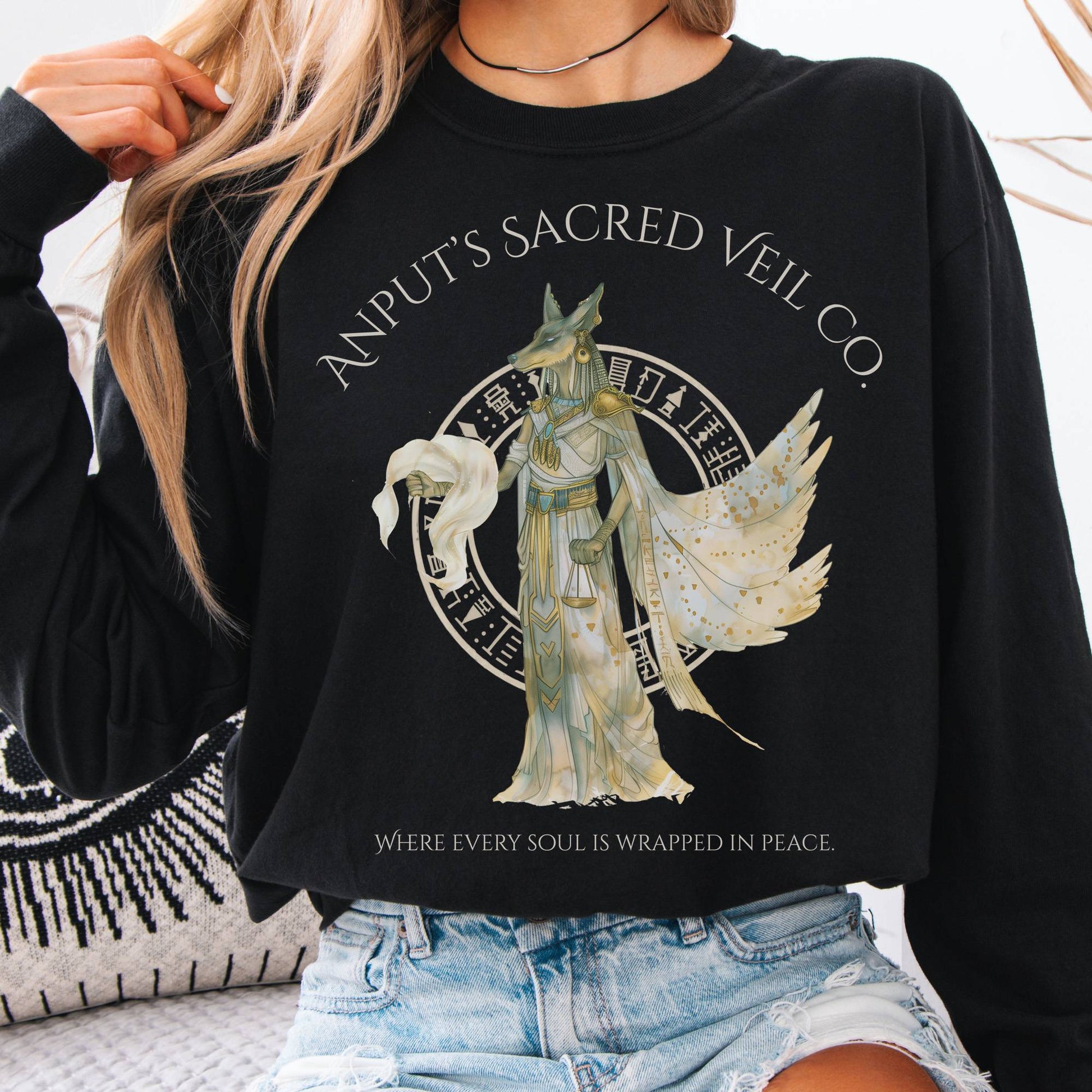 Long-sleeve Black / S Anputs Sacred Veil Co Egyptian Mythology Long Sleeve Tee The Mystic Eden