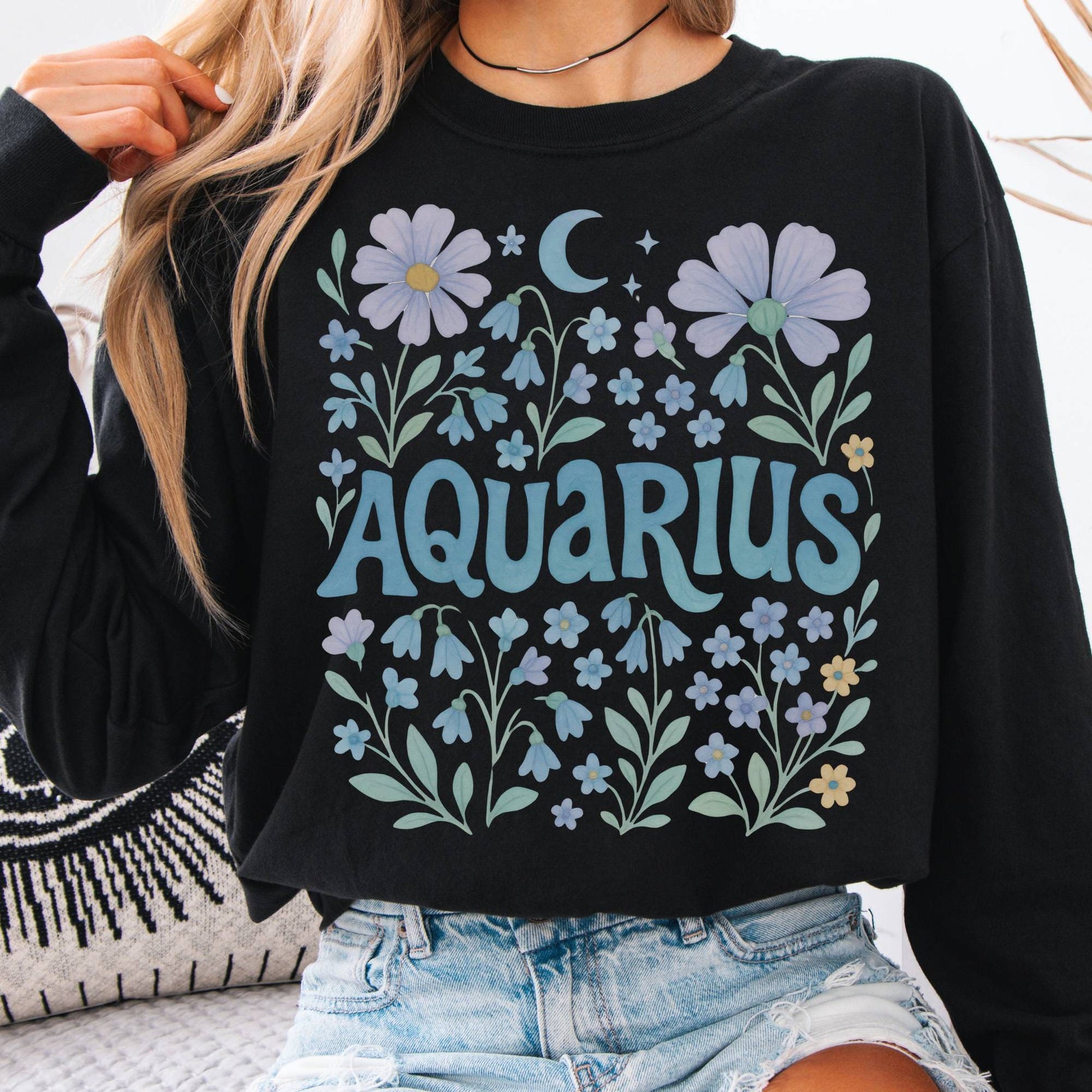 Long-sleeve Black / S Aquarius Long Sleeve Shirt – Zodiac Retro Floral Tee The Mystic Eden