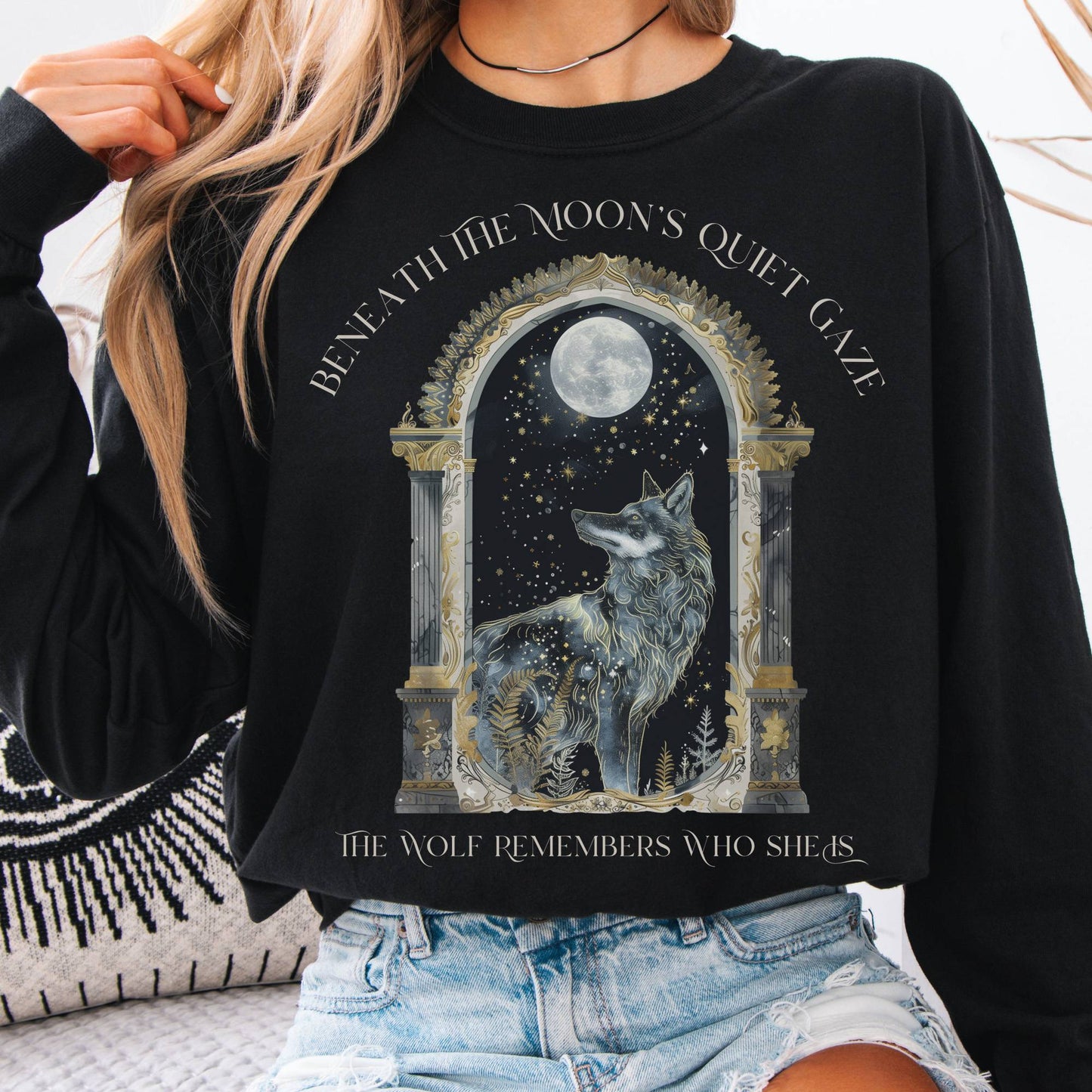 Long-sleeve Black / S Beneath The Moon The Wolf Remembers Who She Is Long Sleeve Tee The Mystic Eden