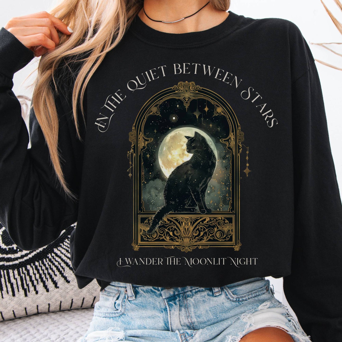 Long-sleeve Black / S In the Quiet Between Stars Moonlit Cat Long Sleeve Tee The Mystic Eden