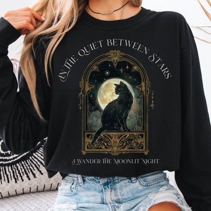 Long-sleeve Black / S In the Quiet Between Stars Moonlit Cat Long Sleeve Tee The Mystic Eden