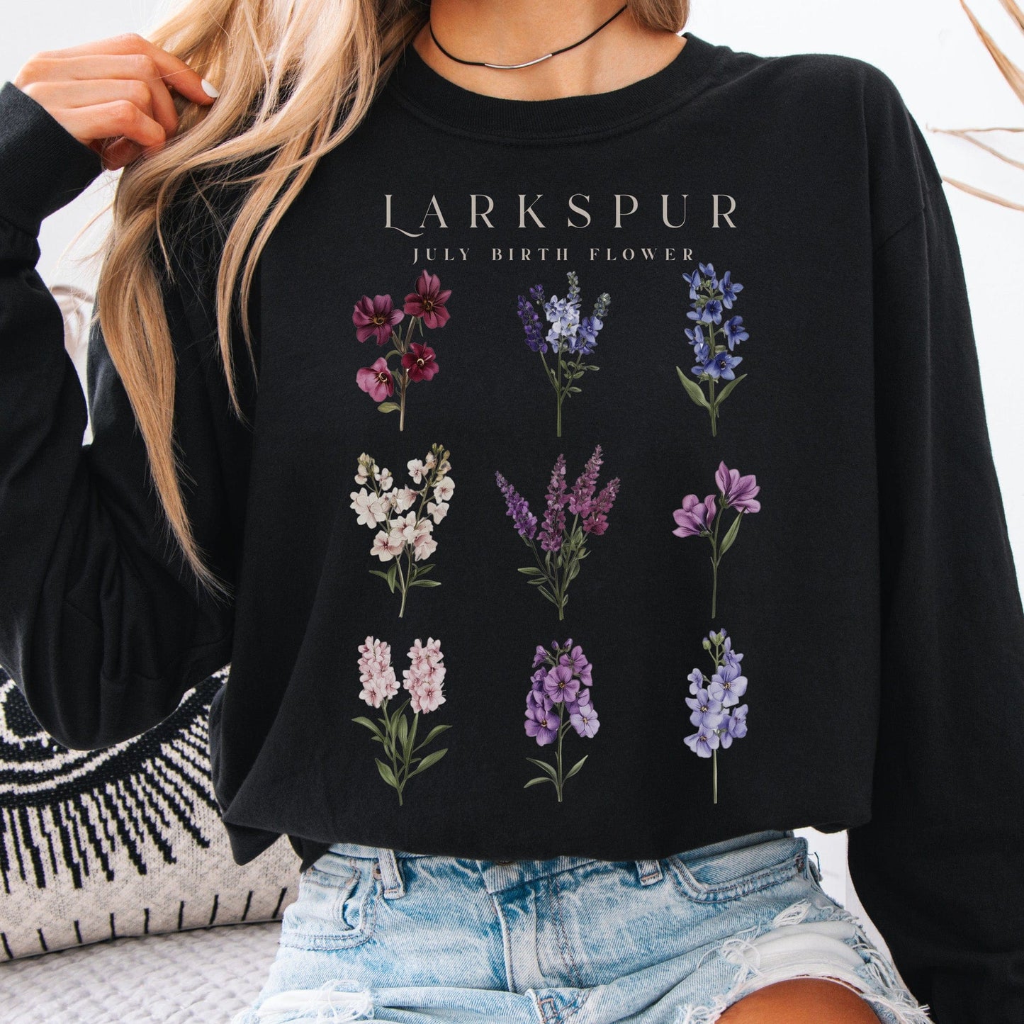Long-sleeve Black / S Larkspur July Birth Month Flower Long Sleeve Shirt The Mystic Eden