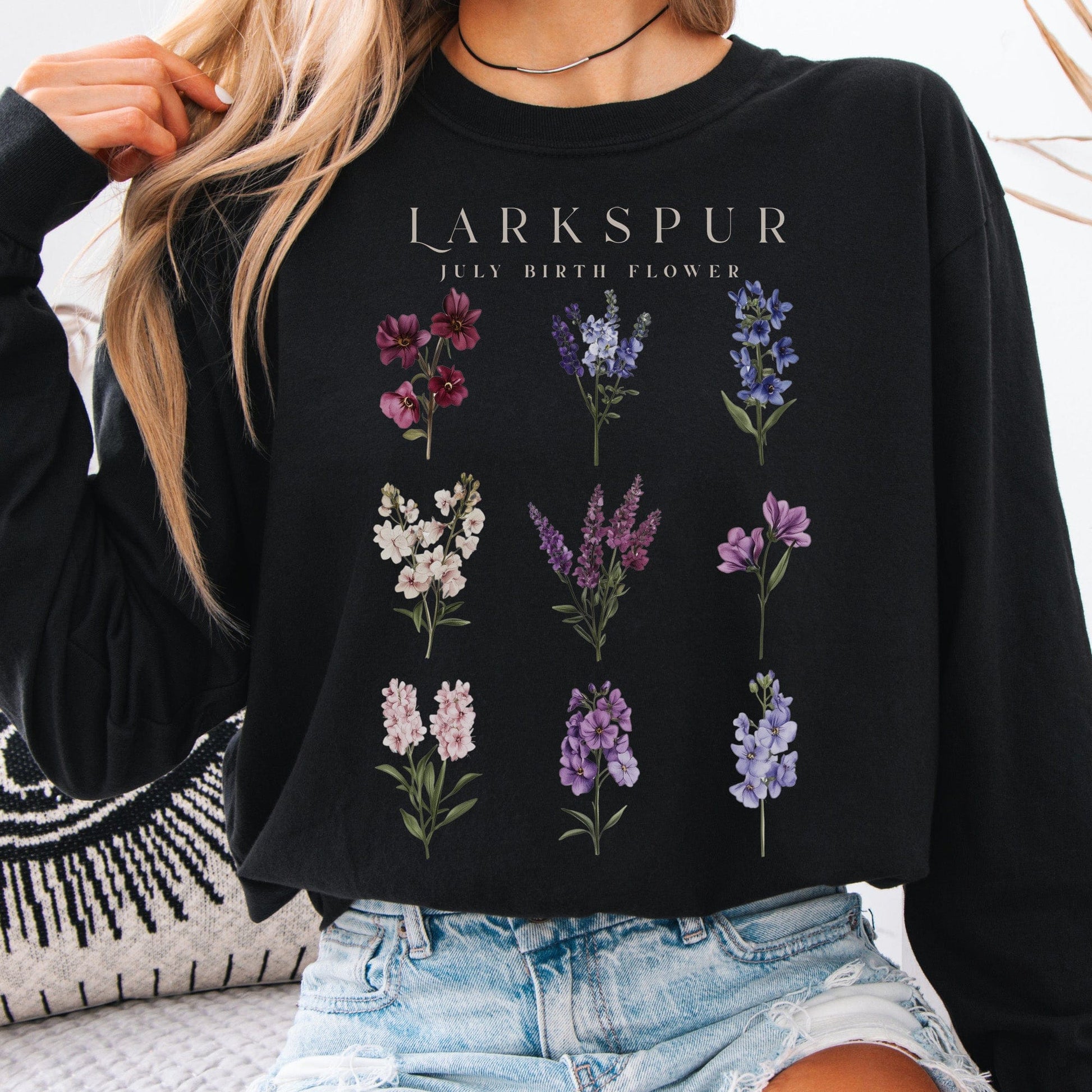 Long-sleeve Black / S Larkspur July Birth Month Flower Long Sleeve Shirt The Mystic Eden