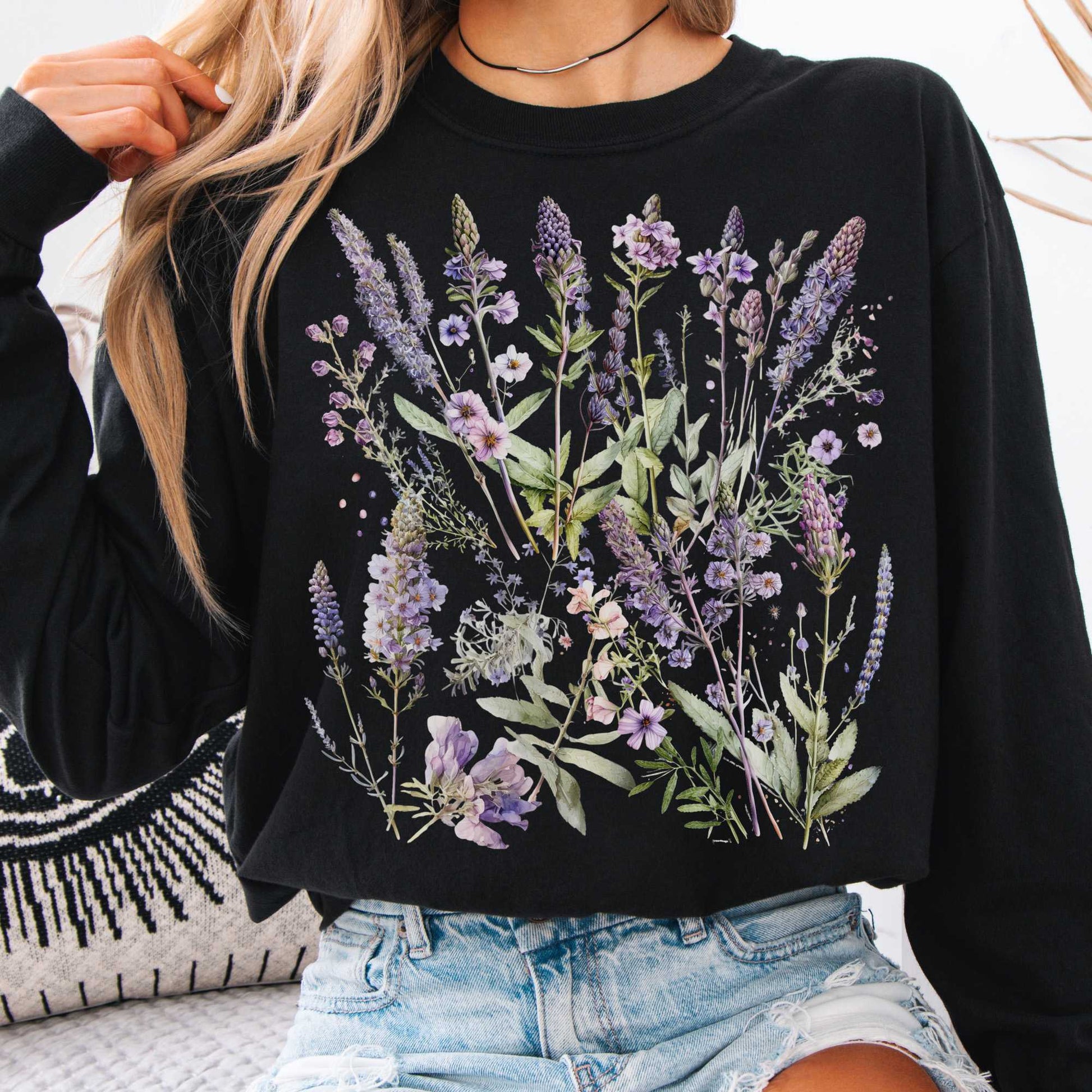 lavender flower shirt Lavender Floral Long Sleeve Shirt Cottagecore Clothing Berry / XL