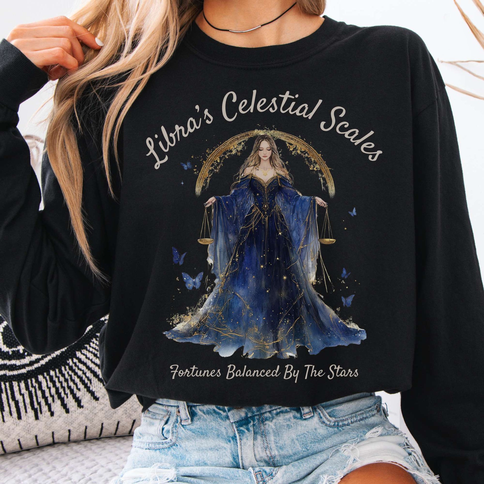 Long-sleeve Black / S Libra's Celestial Scales Zodiac Long Sleeve Shirt The Mystic Eden