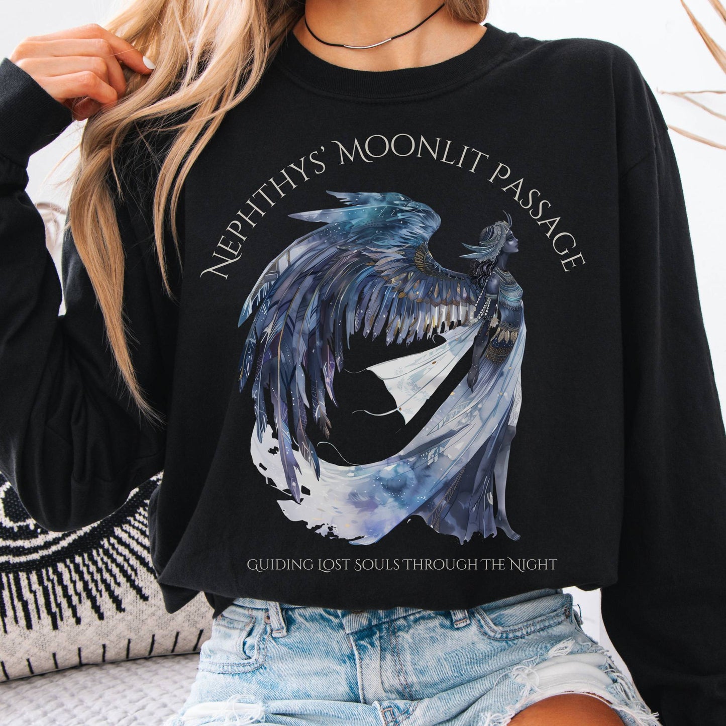 Long-sleeve Black / S Nephthys' Moonlit Passage Egyptian Mythology Long Sleeve Tee The Mystic Eden