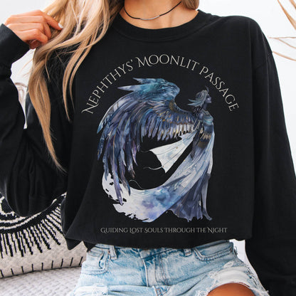 Long-sleeve Black / S Nephthys' Moonlit Passage Egyptian Mythology Long Sleeve Tee The Mystic Eden